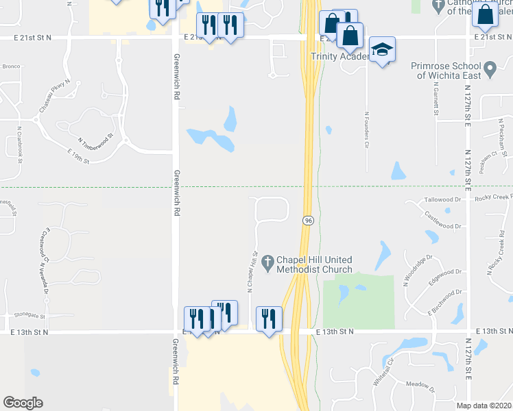 map of restaurants, bars, coffee shops, grocery stores, and more near 1712 North Chapel Hill Street in Wichita