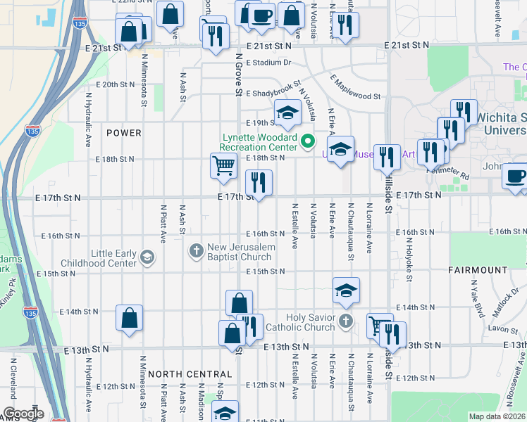 map of restaurants, bars, coffee shops, grocery stores, and more near 1722 North Poplar Avenue in Wichita