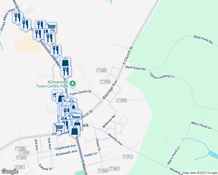 map of restaurants, bars, coffee shops, grocery stores, and more near 301 East Church Street in Kilmarnock