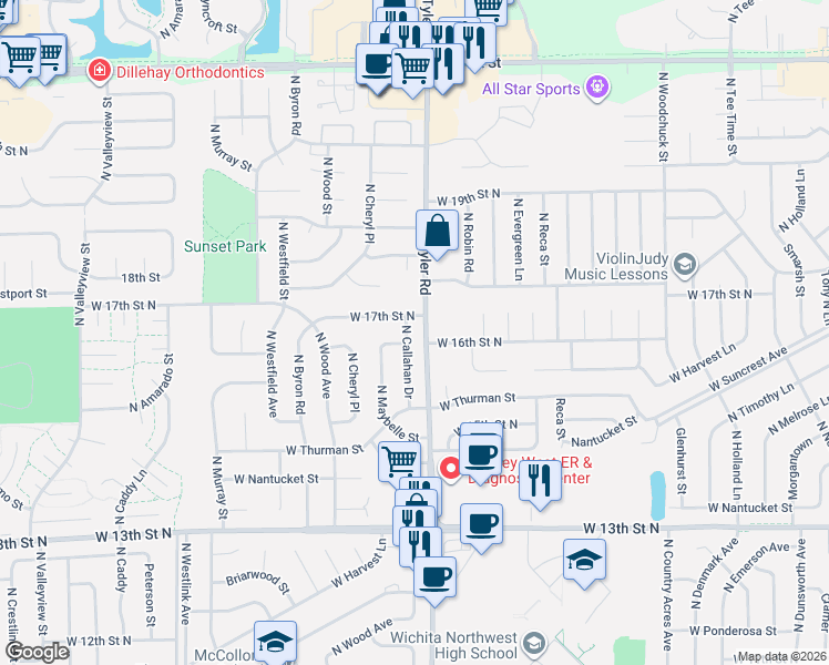 map of restaurants, bars, coffee shops, grocery stores, and more near 1700-1748 North Tyler Road in Wichita