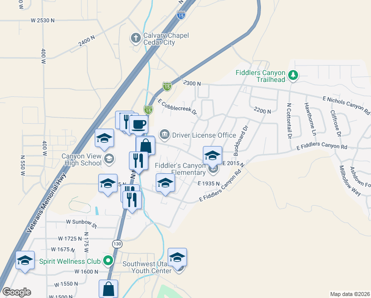 map of restaurants, bars, coffee shops, grocery stores, and more near 340 DL Sargent Drive in Cedar City