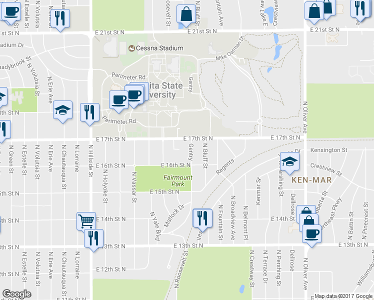 map of restaurants, bars, coffee shops, grocery stores, and more near 1735 North Gentry Street in Wichita