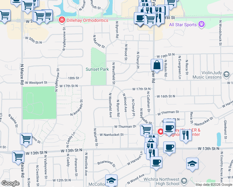 map of restaurants, bars, coffee shops, grocery stores, and more near 1734 North Byron Road in Wichita