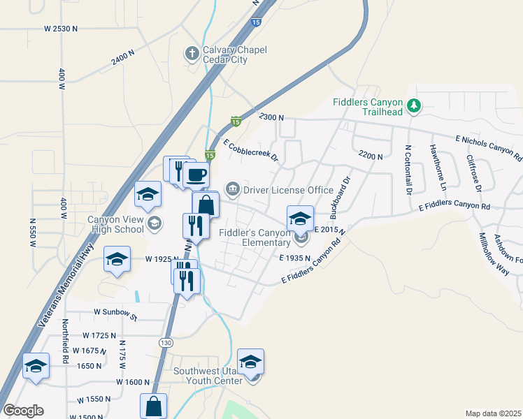 map of restaurants, bars, coffee shops, grocery stores, and more near 340 DL Sargent Drive in Cedar City