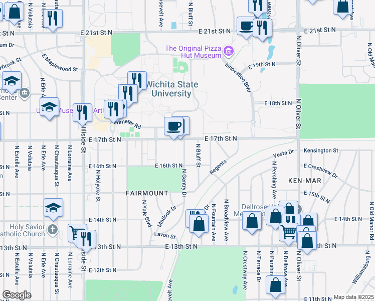 map of restaurants, bars, coffee shops, grocery stores, and more near 1734 Gentry in Wichita
