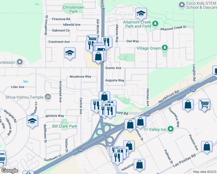 map of restaurants, bars, coffee shops, grocery stores, and more near 6609 Forget Me Not in Livermore