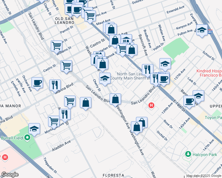 map of restaurants, bars, coffee shops, grocery stores, and more near 2395 Hudson Lane in San Leandro