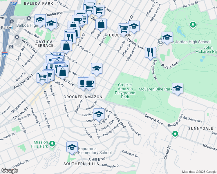 map of restaurants, bars, coffee shops, grocery stores, and more near in San Francisco