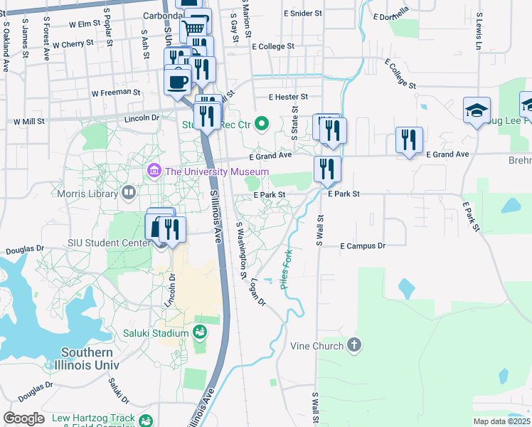 map of restaurants, bars, coffee shops, grocery stores, and more near in Carbondale