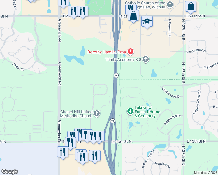 map of restaurants, bars, coffee shops, grocery stores, and more near 1712 North Bedford Street in Wichita