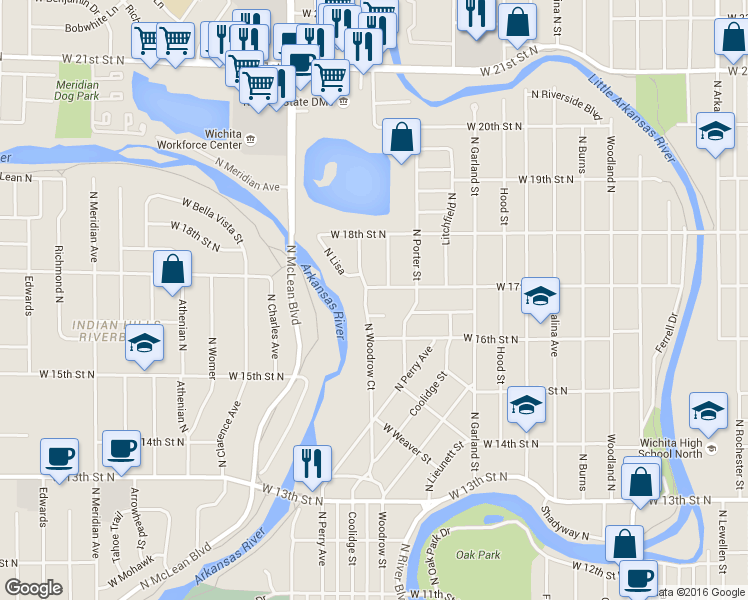 map of restaurants, bars, coffee shops, grocery stores, and more near 1628 West Julianne Circle in Wichita