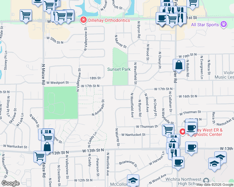 map of restaurants, bars, coffee shops, grocery stores, and more near 9412 16th Court in Wichita