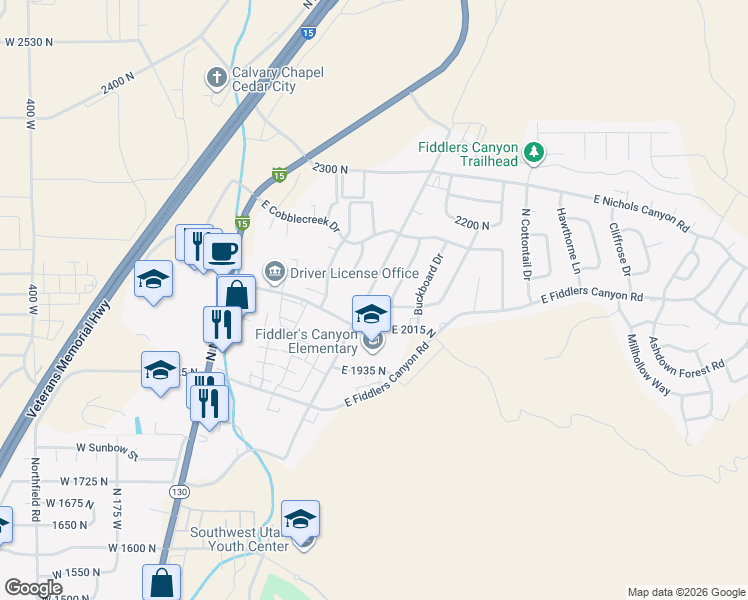 map of restaurants, bars, coffee shops, grocery stores, and more near 508 East Wagon Trail Drive in Cedar City