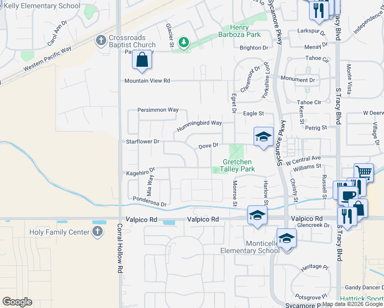 map of restaurants, bars, coffee shops, grocery stores, and more near 1741 Schantz Way in Tracy