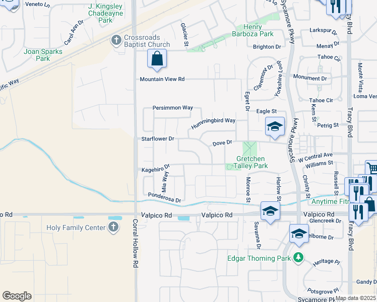 map of restaurants, bars, coffee shops, grocery stores, and more near Schantz Way in Tracy