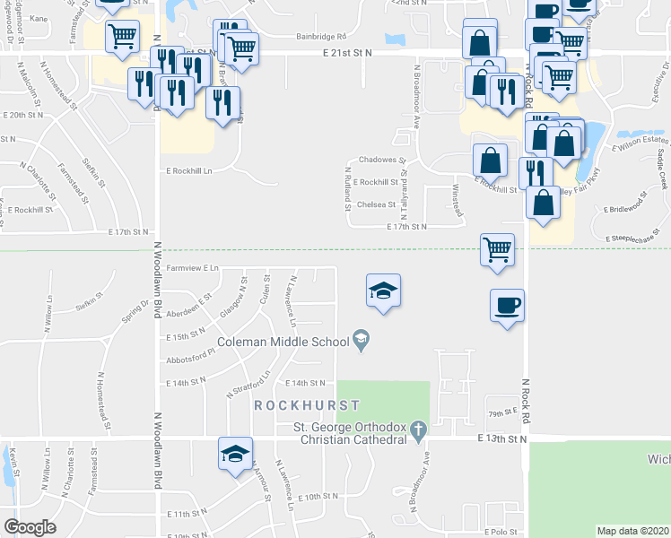 map of restaurants, bars, coffee shops, grocery stores, and more near 3355 North Governeour Road in Wichita