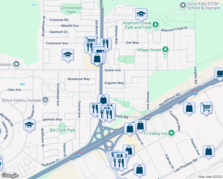map of restaurants, bars, coffee shops, grocery stores, and more near 6125 Saint Andrews Way in Livermore