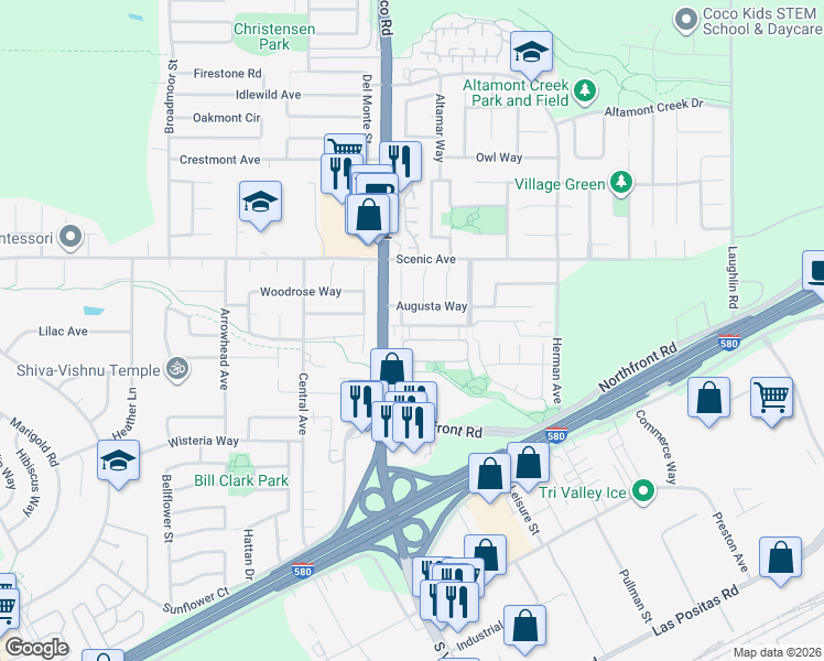 map of restaurants, bars, coffee shops, grocery stores, and more near 6109 Saint Andrews Way in Livermore