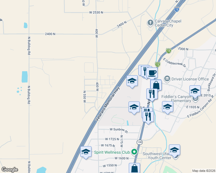 map of restaurants, bars, coffee shops, grocery stores, and more near 418 West 2050 North in Cedar City