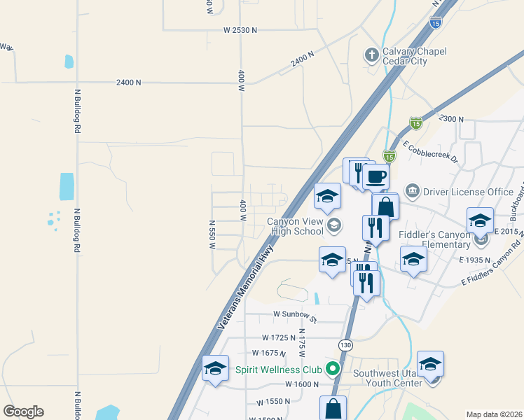 map of restaurants, bars, coffee shops, grocery stores, and more near 418 West 2050 North in Cedar City