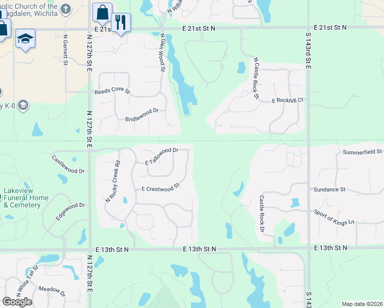 map of restaurants, bars, coffee shops, grocery stores, and more near 1728 North Rocky Glen Street in Wichita