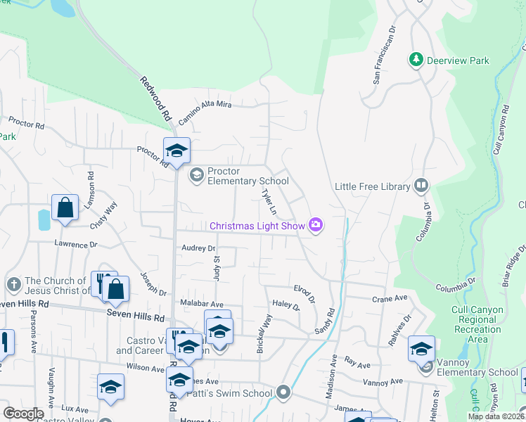 map of restaurants, bars, coffee shops, grocery stores, and more near 17824 Apricot Way in Castro Valley