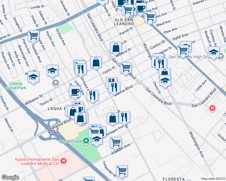 map of restaurants, bars, coffee shops, grocery stores, and more near 2144 Alvarado Street in San Leandro