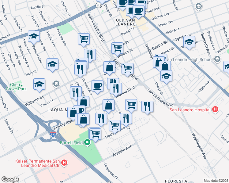 map of restaurants, bars, coffee shops, grocery stores, and more near 767-797 Marina Blvd in San Leandro