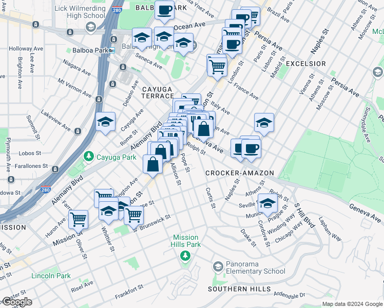 map of restaurants, bars, coffee shops, grocery stores, and more near Hollywood Court in San Francisco