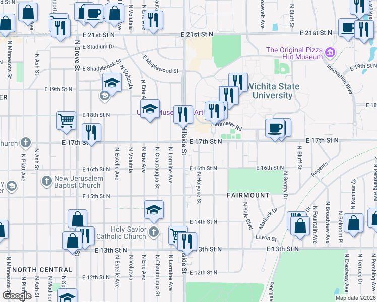 map of restaurants, bars, coffee shops, grocery stores, and more near 1748 North Hillside Street in Wichita