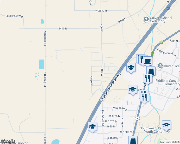 map of restaurants, bars, coffee shops, grocery stores, and more near 518 West 2050 North in Cedar City