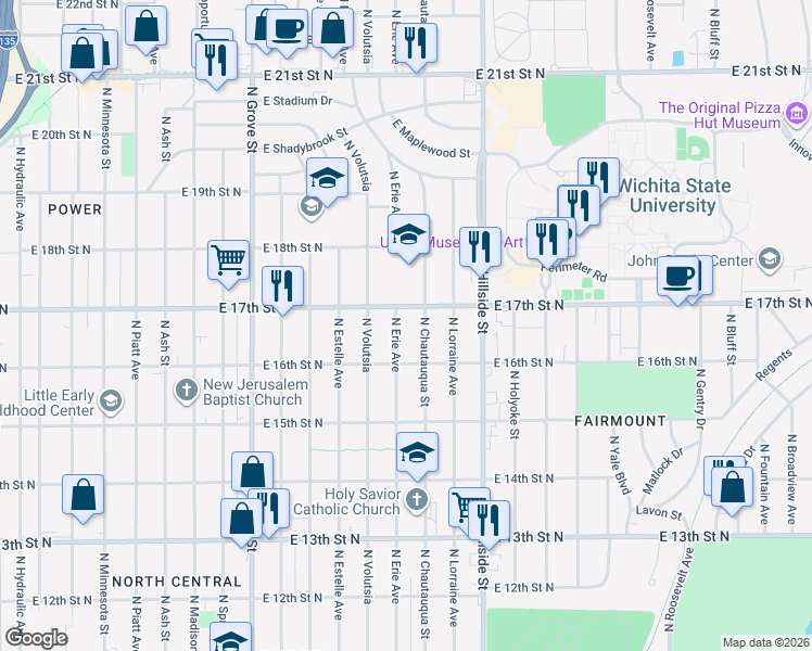 map of restaurants, bars, coffee shops, grocery stores, and more near 1728 North Erie Street in Wichita
