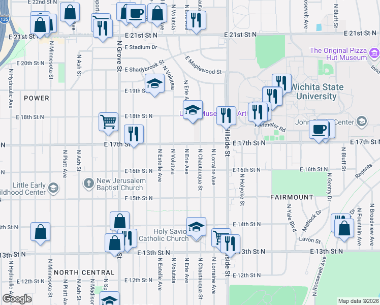 map of restaurants, bars, coffee shops, grocery stores, and more near 1728 North Erie Street in Wichita