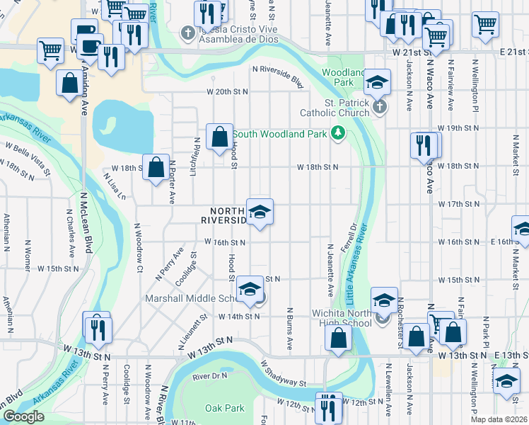 map of restaurants, bars, coffee shops, grocery stores, and more near 1732 North Salina Avenue in Wichita