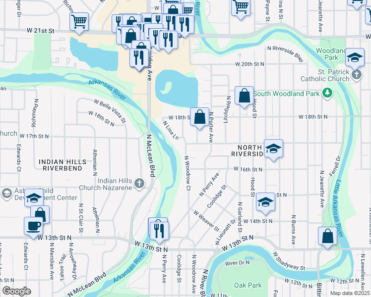 map of restaurants, bars, coffee shops, grocery stores, and more near 1737 North Woodrow Court in Wichita