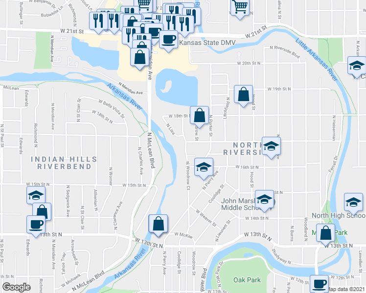 map of restaurants, bars, coffee shops, grocery stores, and more near 1737 North Woodrow Court in Wichita