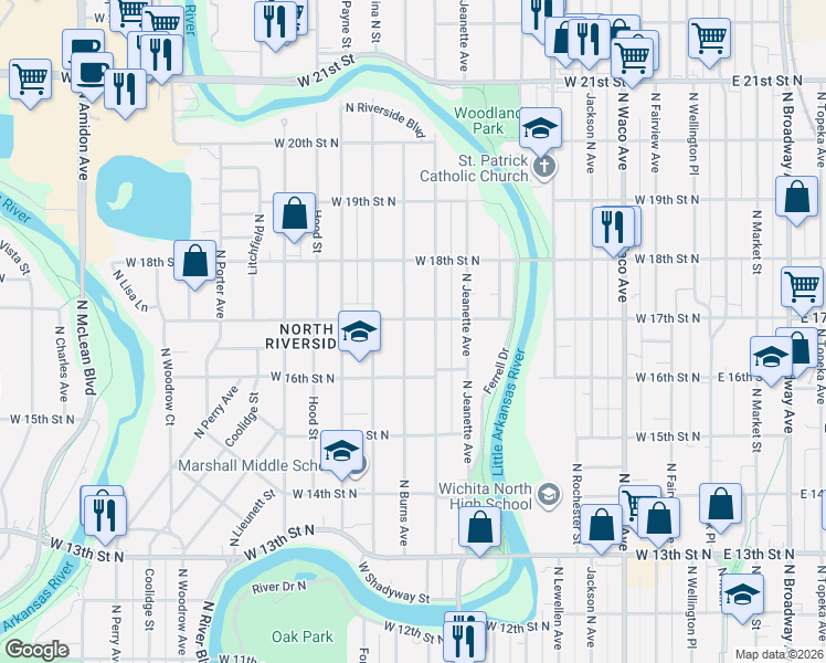 map of restaurants, bars, coffee shops, grocery stores, and more near 1732 North Burns Street in Wichita