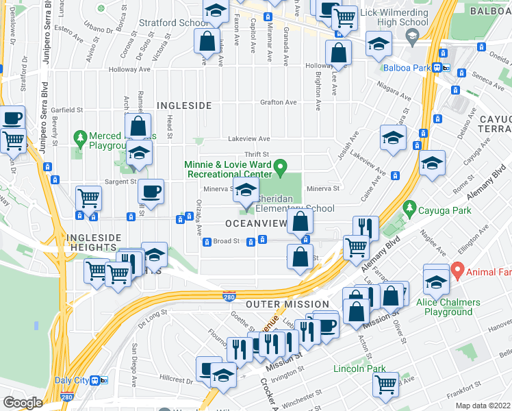 map of restaurants, bars, coffee shops, grocery stores, and more near Capitol Avenue & Lobos Street in San Francisco