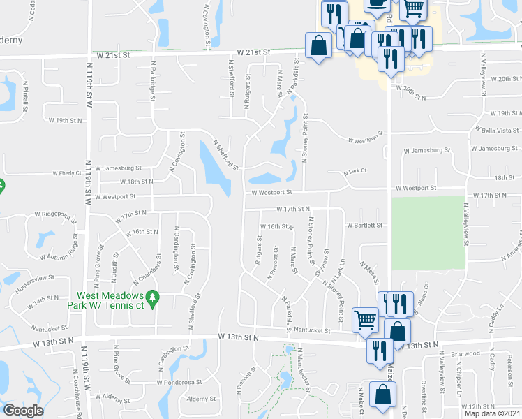 map of restaurants, bars, coffee shops, grocery stores, and more near W 17th St N & Rutgers St in Wichita