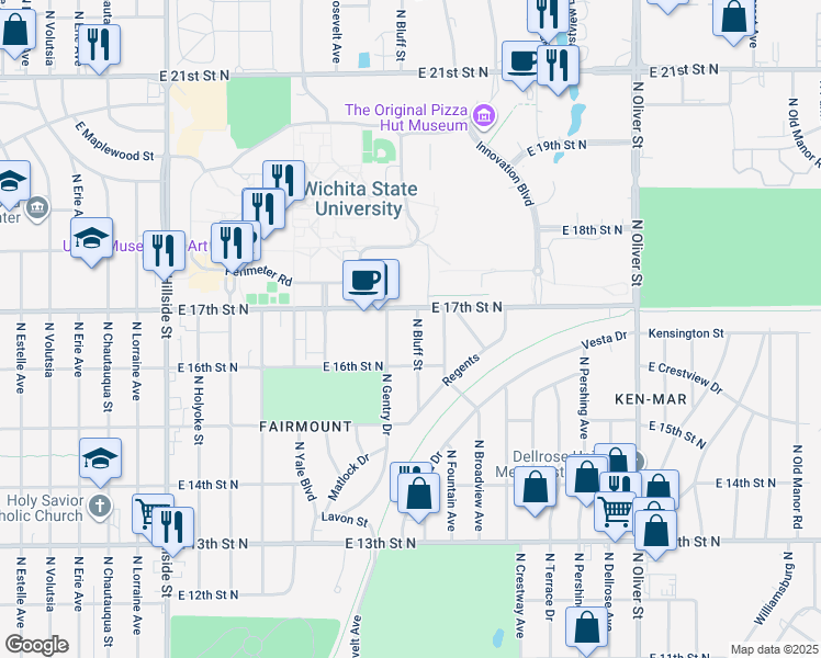 map of restaurants, bars, coffee shops, grocery stores, and more near 1739 North Bluff Street in Wichita