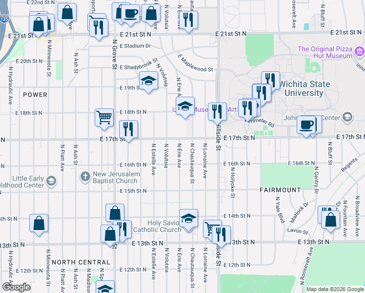 map of restaurants, bars, coffee shops, grocery stores, and more near 1728 North Erie Street in Wichita