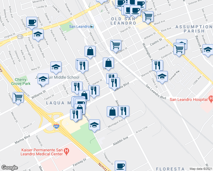 map of restaurants, bars, coffee shops, grocery stores, and more near 2091 Alvarado Street in San Leandro