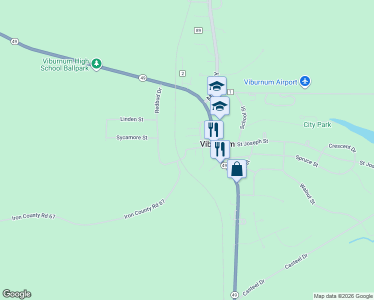 map of restaurants, bars, coffee shops, grocery stores, and more near 3 Saint Joseph Street in Viburnum