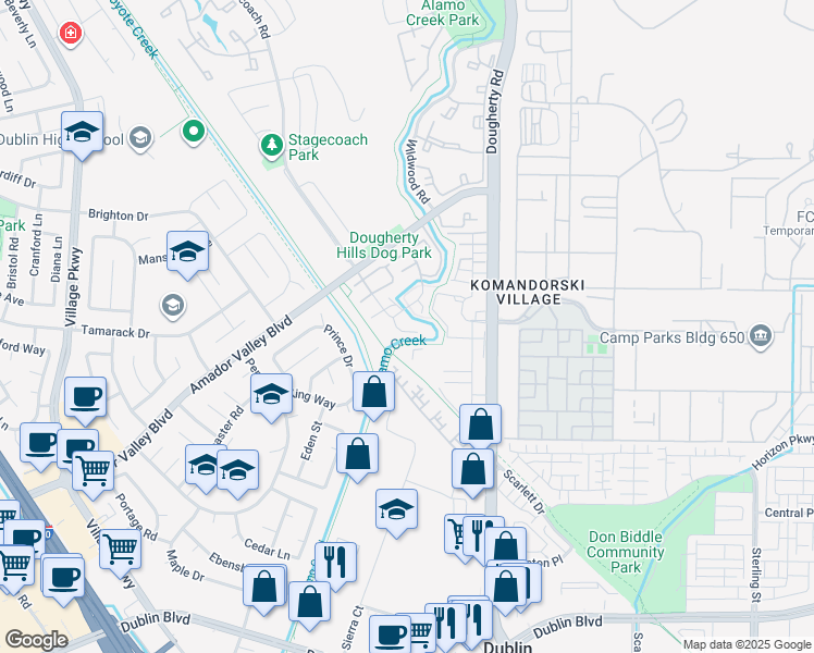 map of restaurants, bars, coffee shops, grocery stores, and more near 6933 Stagecoach Road in Dublin