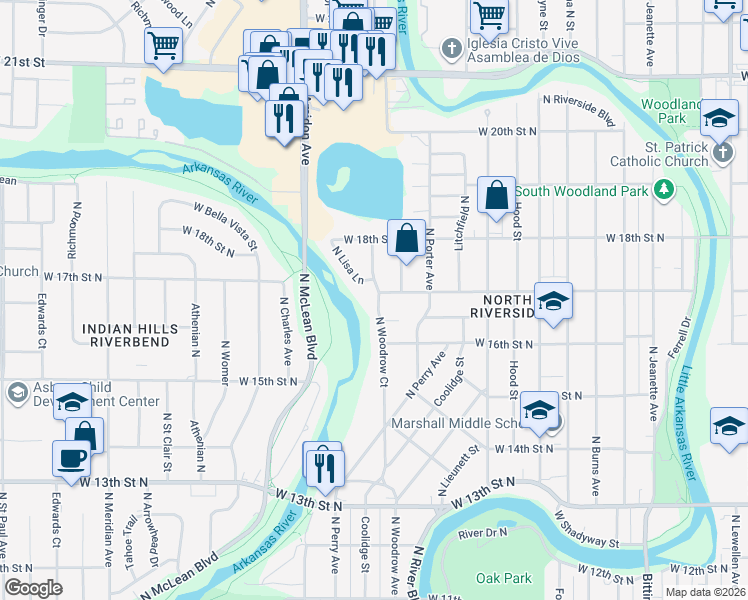 map of restaurants, bars, coffee shops, grocery stores, and more near 1737 North Woodrow Court in Wichita
