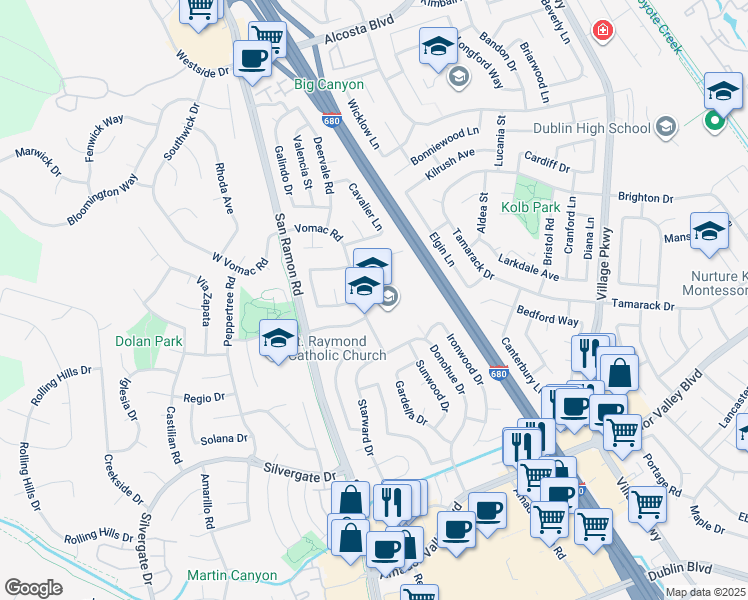 map of restaurants, bars, coffee shops, grocery stores, and more near 7997 Vomac Road in Dublin