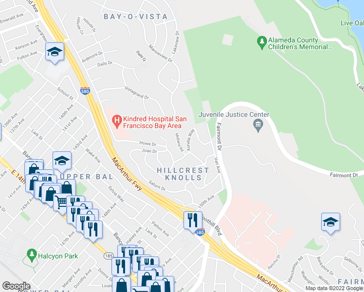 map of restaurants, bars, coffee shops, grocery stores, and more near 14683 Midland Road in San Leandro