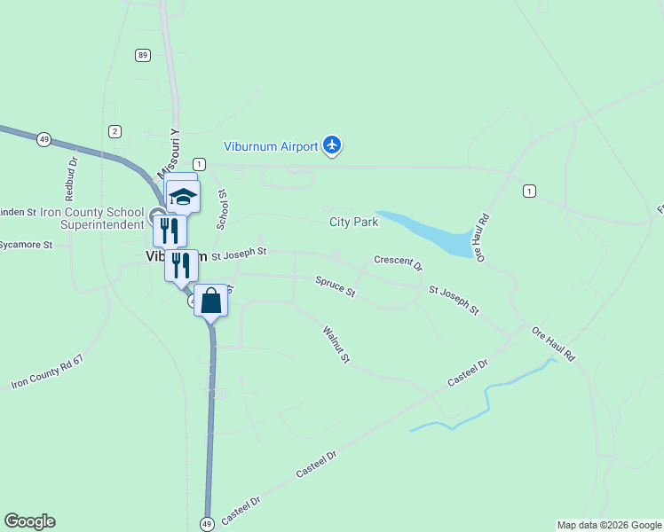map of restaurants, bars, coffee shops, grocery stores, and more near 34 Spruce Street in Viburnum
