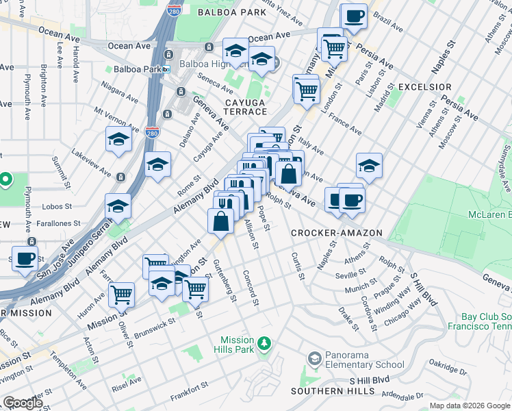 map of restaurants, bars, coffee shops, grocery stores, and more near 25 Allison Street in San Francisco