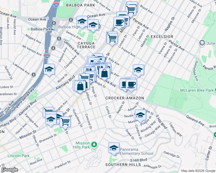 map of restaurants, bars, coffee shops, grocery stores, and more near 168 Rolph Street in San Francisco